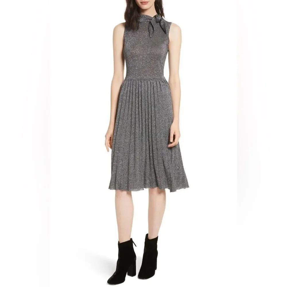 NWT Kate Spade Metallic Knot Sweater Dress Star Bright Dark‎ Silver Sz LARGE